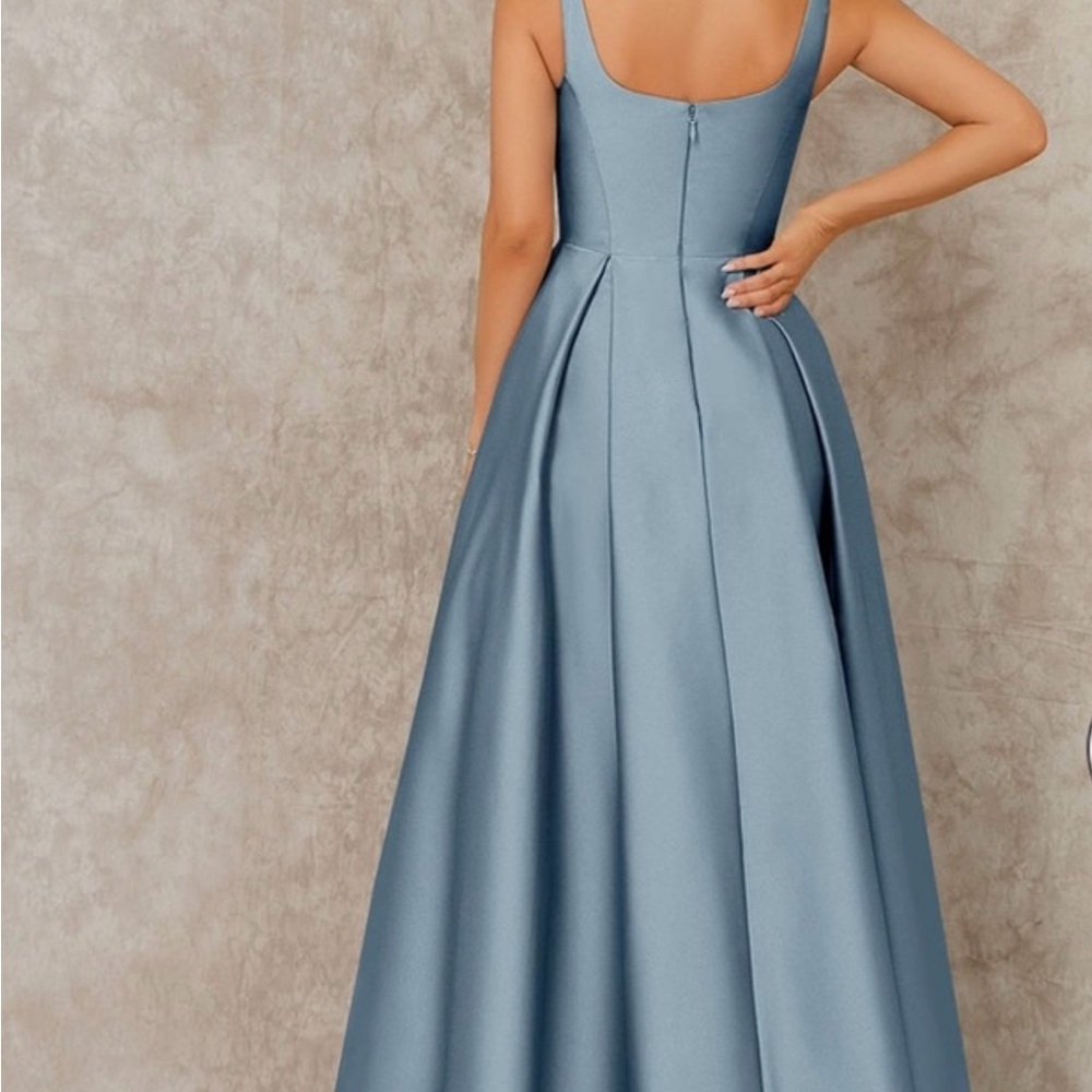 Azazie Kendall + Kylie Dusty Blue Satin Maxi Dress - Picture 2 of 8